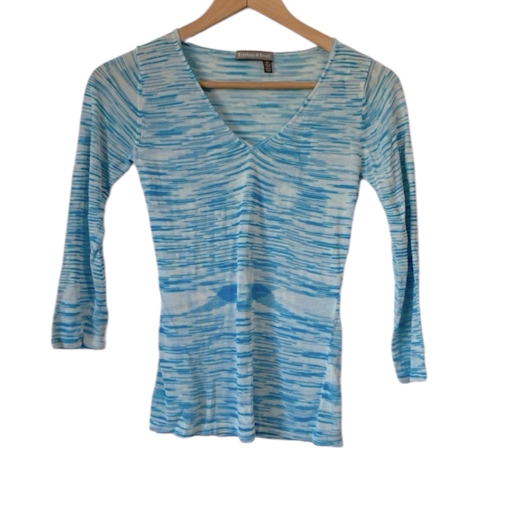 Tristan & Iseut blue marled second skin V neck long sleeve shirt size Small